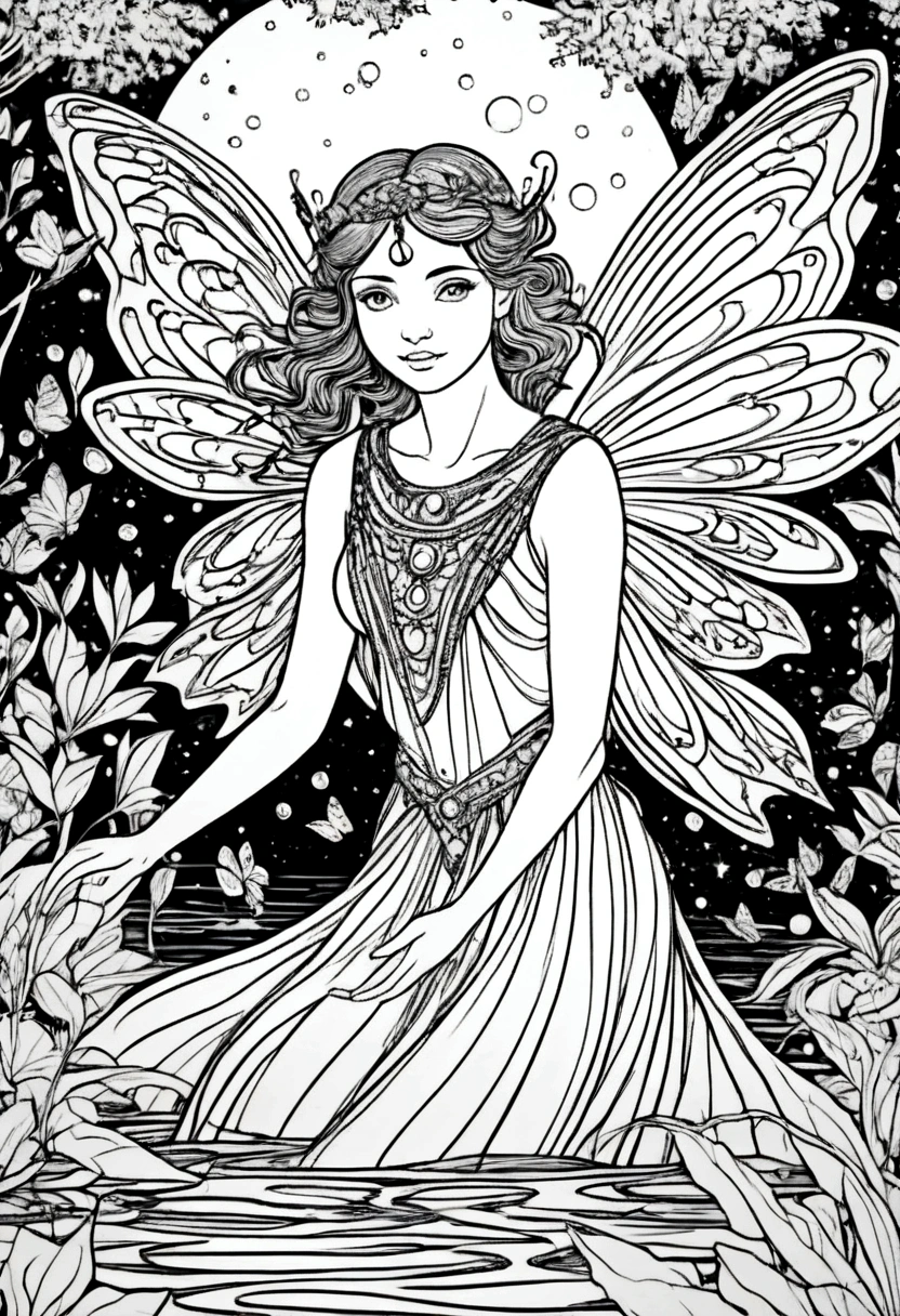 (A black and white coloring book:1.5), A fairy with crystal wings hovering over a sparkling stream, clean line art, white background, colouring page, clean outline