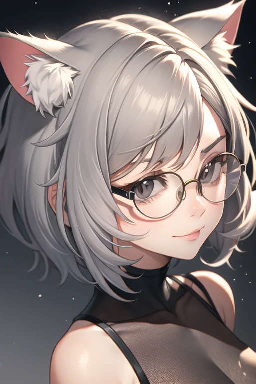 older girl cat with short light grey hair, thick round glasses black, grey eyes, and has an cheeky expression on her face, cat face, is a cat.