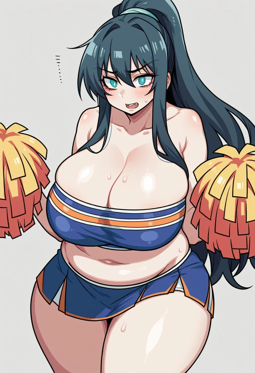 score_9, score_8_up, score_7_up, source_anime, BREAK, (((yew))), , 1girl, solo, chubby, cheerleader, large breasts, cleavage, thicc