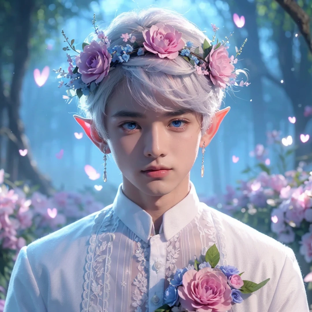 Handsome boy, white hair, blue eyes, wearing pink and light blue flower crown, wearing white barong tagalog, elf ear, "surrounded by light blue, pink, and purple light, magic forest background