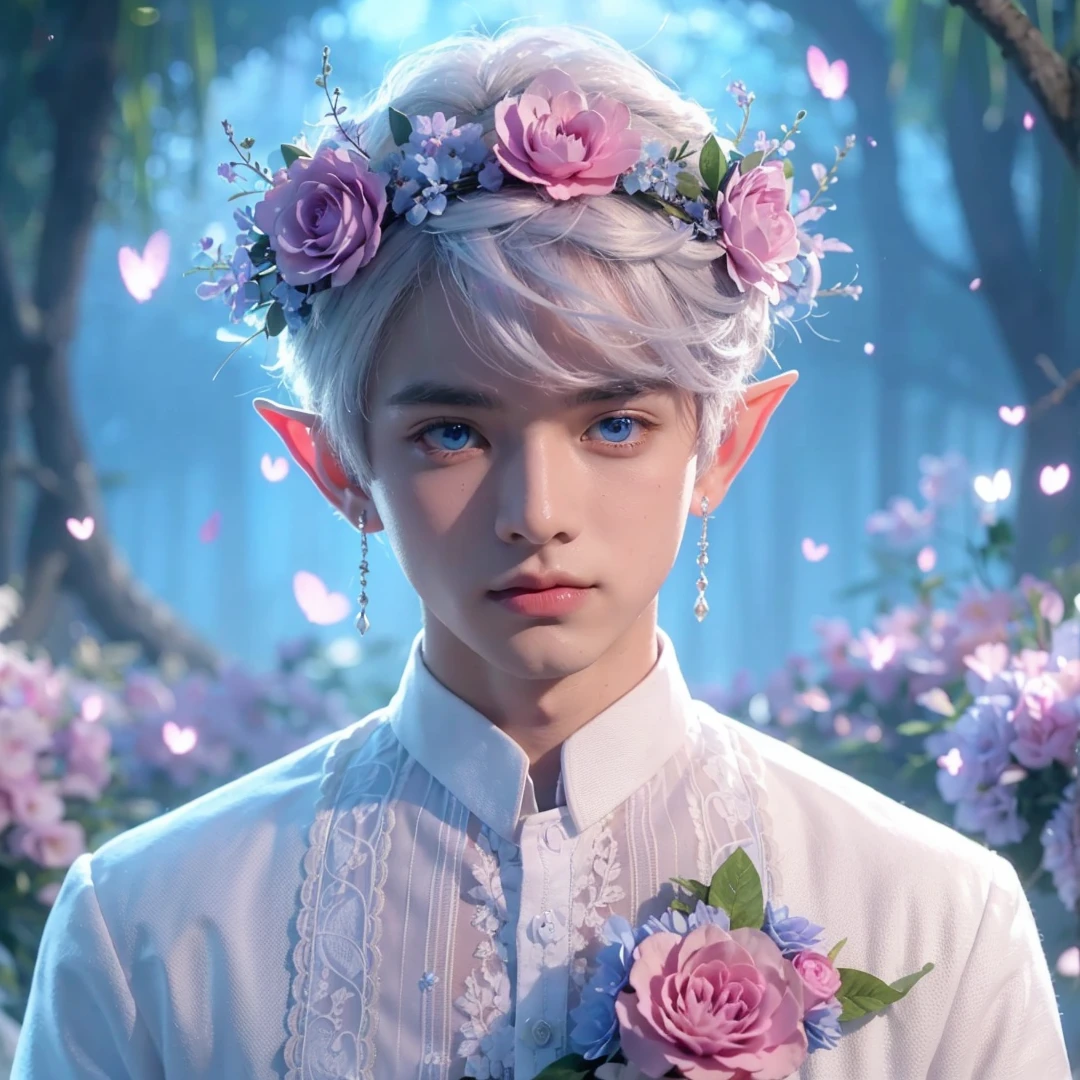 Handsome boy, white hair, blue eyes, wearing pink and light blue flower crown, wearing white barong tagalog, elf ear, "surrounded by light blue, pink, and purple light, magic forest background