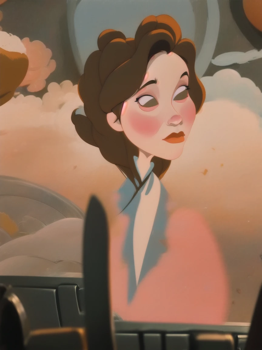 (sticker), Kat Dennings Portraying Annie Hughes, random hair length, elegant 50s hairstyle, 1950s pink waitress uniform with apron, brunette, upper body, detailed face, simple background, random color background, western cartoon-style,