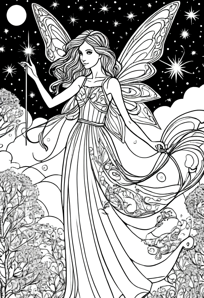 (A black and white coloring book:1.5), A fairy creating magical patterns in the night sky with her wand, clean line art, white background, colouring page, clean outline