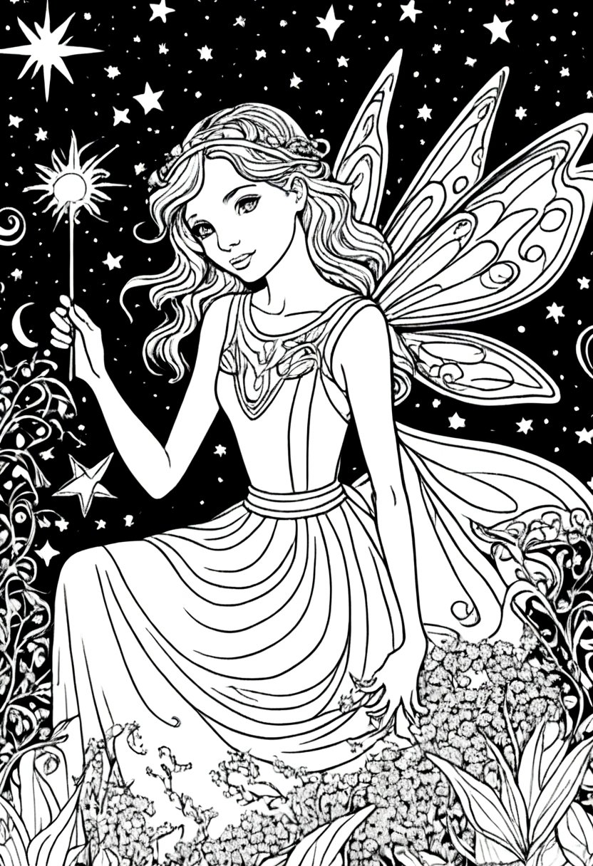 (A black and white coloring book:1.5), A fairy creating magical patterns in the night sky with her wand, clean line art, white background, colouring page, clean outline