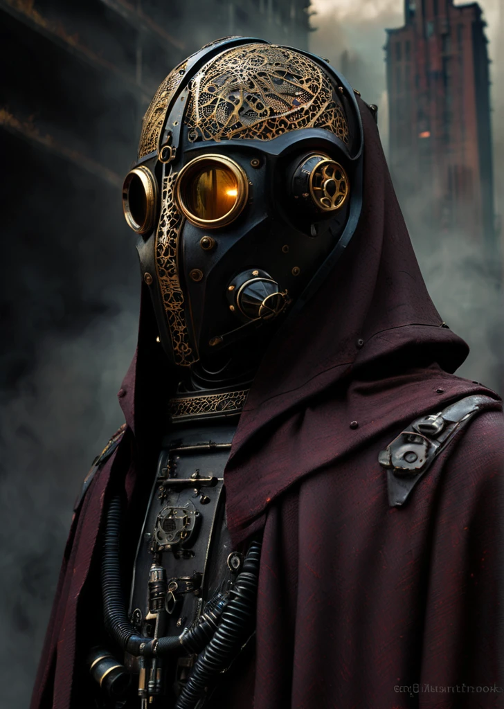 Azem the Traveler cloaked and masked, yearning to explore.
 Cinematic realism, luminism, and pollution-choked industrial landscape
(by Adam Martinakis ,Ellen Jewett )
 reflections on helmet
Emphasize eerie atmosphere, high contrast, and interplay of shadow and light. Include colorful,
gothic horror
 by Greg Rutkowski   Andy Kehoe