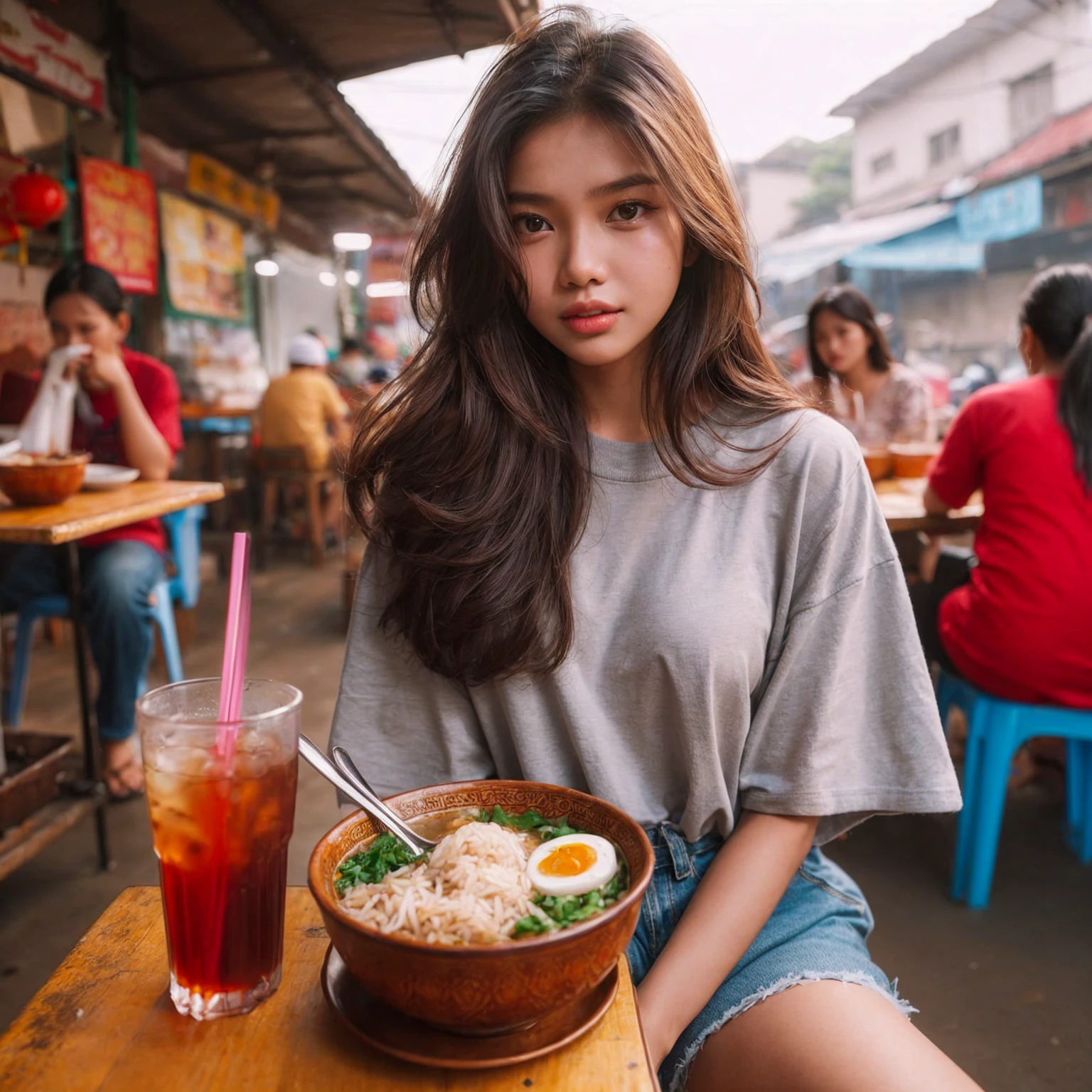 A beautiful young Indonesian girl, sitting at a street food stall in Surabaya city, Indonesia. On the table, there is already nasi rames (mixed rice dish) and iced tea. She is wearing an oversized t-shirt, realistic, UHD, 8K.