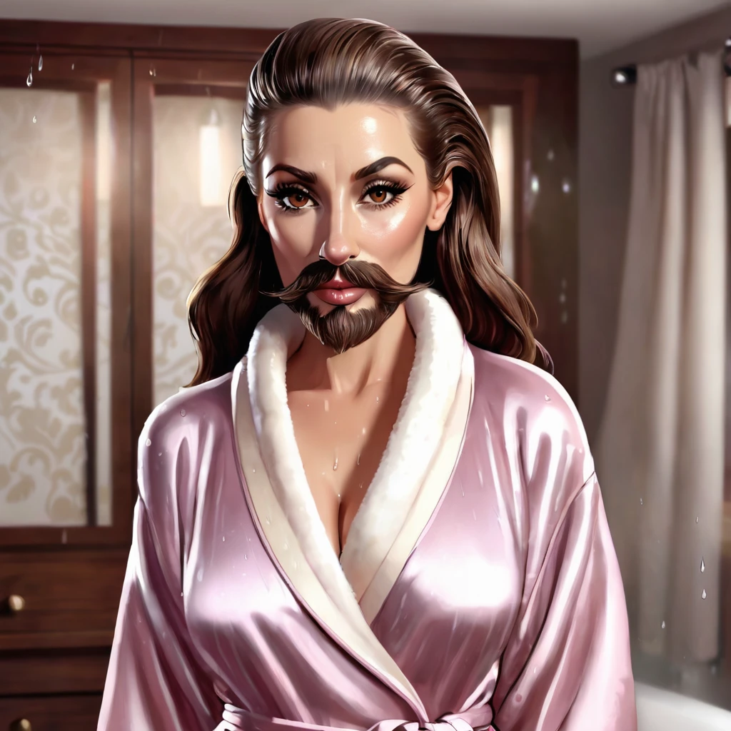 bearded lady with voluminous beard, brown eyes, wet brown hair slicked back, big nose, in dressing gown