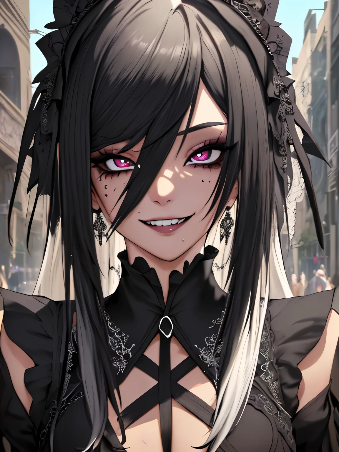 (8k, best quality, masterpiece: 1.2) detailed face, (light: 1.2), a detailed painting, clearly crafted detail, intricate, cinematic, dim natural lighting, (high skin detailed: 0.9), raytracing, detailed face, good face, high resolution, 1girl, emo, emo hair, collar, goth makeup, goth, ahegao, ahg, rolling eyes, grin, outdoors