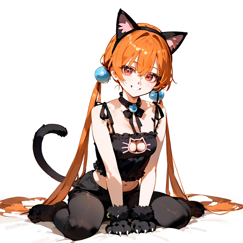 anime artwork, score_9, score_8_up, score_7_up, score_6_up, score_5_up, score_4_up,alisasr, 1girl, orange hair, red eyes, fake black cat ears, hairband, long hair, very long hair, twintails, hair ornament, hair bobbles, low twintails,, \\\\\\ style_3, floox style \\\\\ , cat lingerie, paws gloves, cat tail, lap pillow, evil smile
