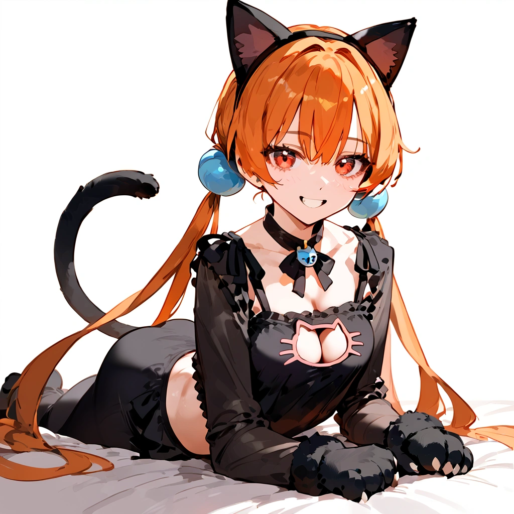 anime artwork, score_9, score_8_up, score_7_up, score_6_up, score_5_up, score_4_up,alisasr, 1girl, orange hair, red eyes, fake black cat ears, hairband, long hair, very long hair, twintails, hair ornament, hair bobbles, low twintails,, \\\\\\ style_3, floox style \\\\\ , cat lingerie, paws gloves, cat tail, lap pillow, evil smile
