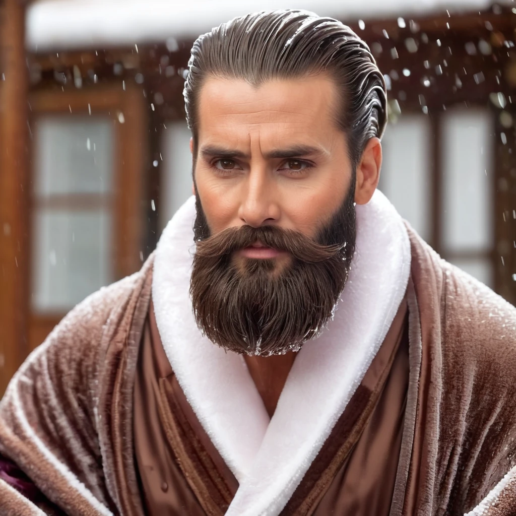 bearded lady with voluminous beard, brown eyes, wet brown hair slicked back, big nose, in dressing gown