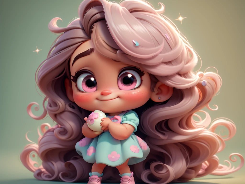 3d illustration, pixar style, cute chibi, baby girl ariana grande brown hair, long hair, pink bow in hair, dress aqua ciano with white dots, bright eyes look like inside out character of movie, candy colors, pastel colors, smiling, glitter, light pink shoes, exuberant
