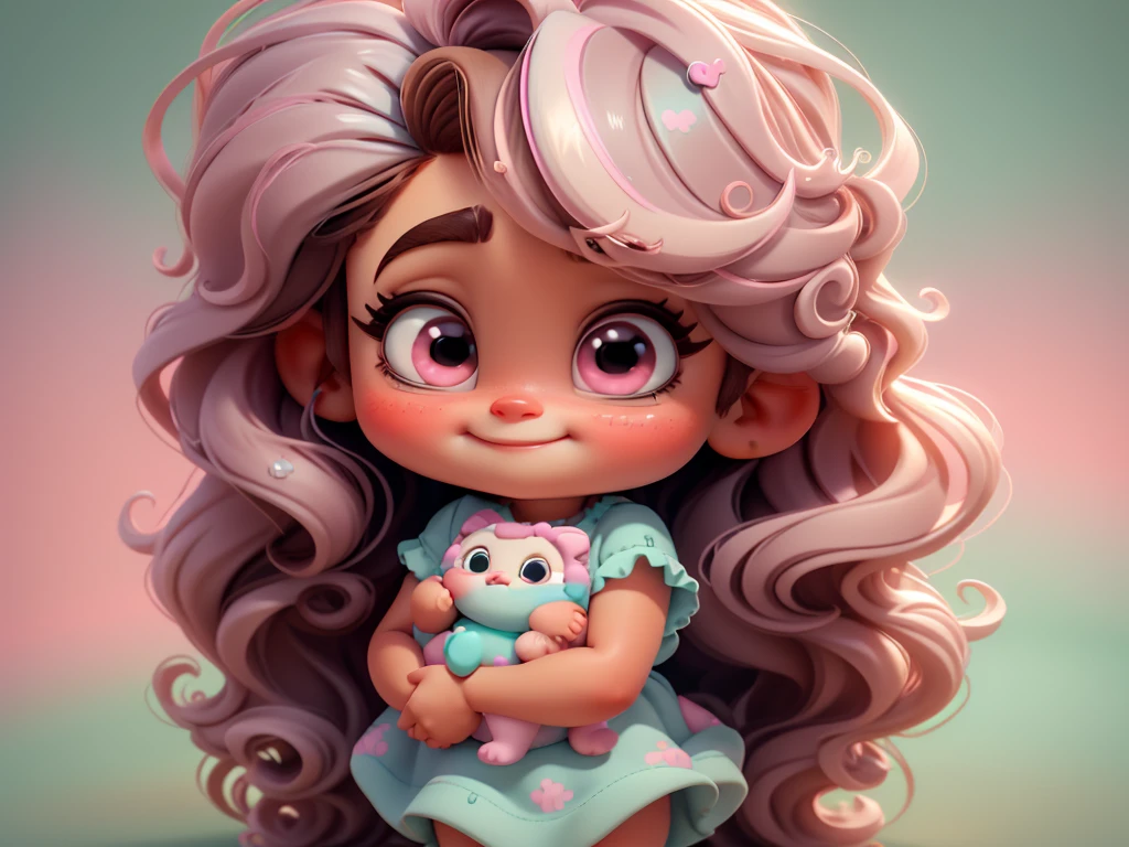 3d illustration, pixar style, cute chibi, baby girl ariana grande brown hair, long hair, pink bow in hair, dress aqua ciano with white dots, bright eyes look like inside out character of movie, candy colors, pastel colors, smiling, glitter, light pink shoes, exuberant

