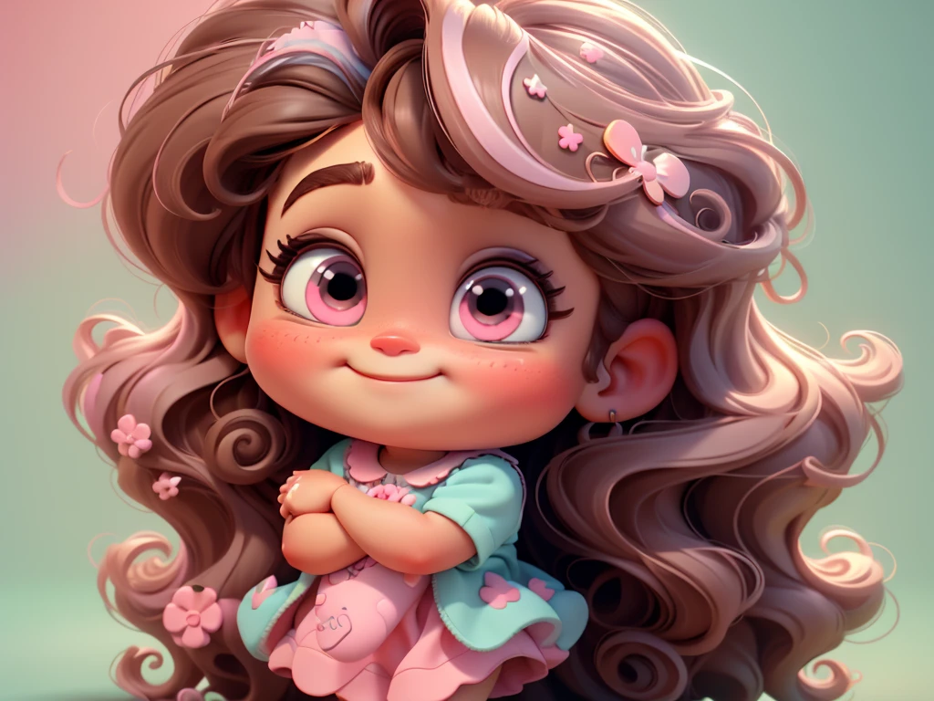 3d illustration, pixar style, cute chibi, baby girl ariana grande brown hair, long hair, pink bow in hair, dress aqua ciano with white dots, bright eyes look like inside out character of movie, candy colors, pastel colors, smiling, glitter, light pink shoes, exuberant
