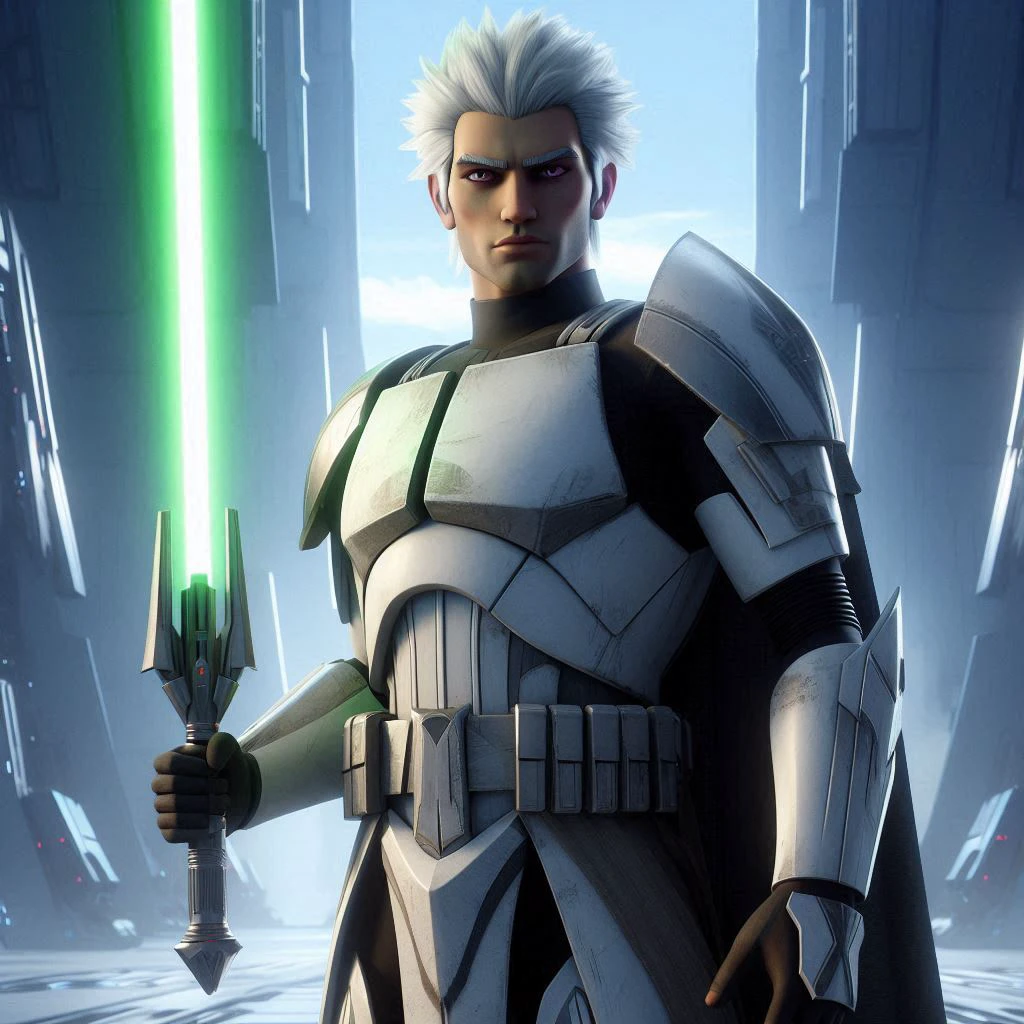 full-body shot, star wars the clone wars art style, young tall and brawny, pale white albino skin, white skin, pale skin, albino skin, subtle grin, long spiky white hair, thick white eyebrows, pink eyes, bastard greatsword, larger thicker flat green plasma blade, metal knight plate armor with a pauldron, bright Coruscant day, space station in the background, solo, in a sword stance, heroic