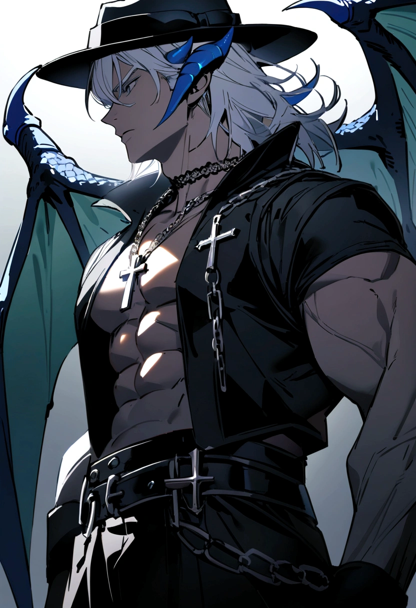 homen,Strong muscles, White hair, best quality,open chest vest, blue and black clothes, Dragon Wings, black cloth on face, silver cross chain on neck, long brimmed black fedora hat with black and blue dragon horns on hat with blue horns on hat, In the sky 