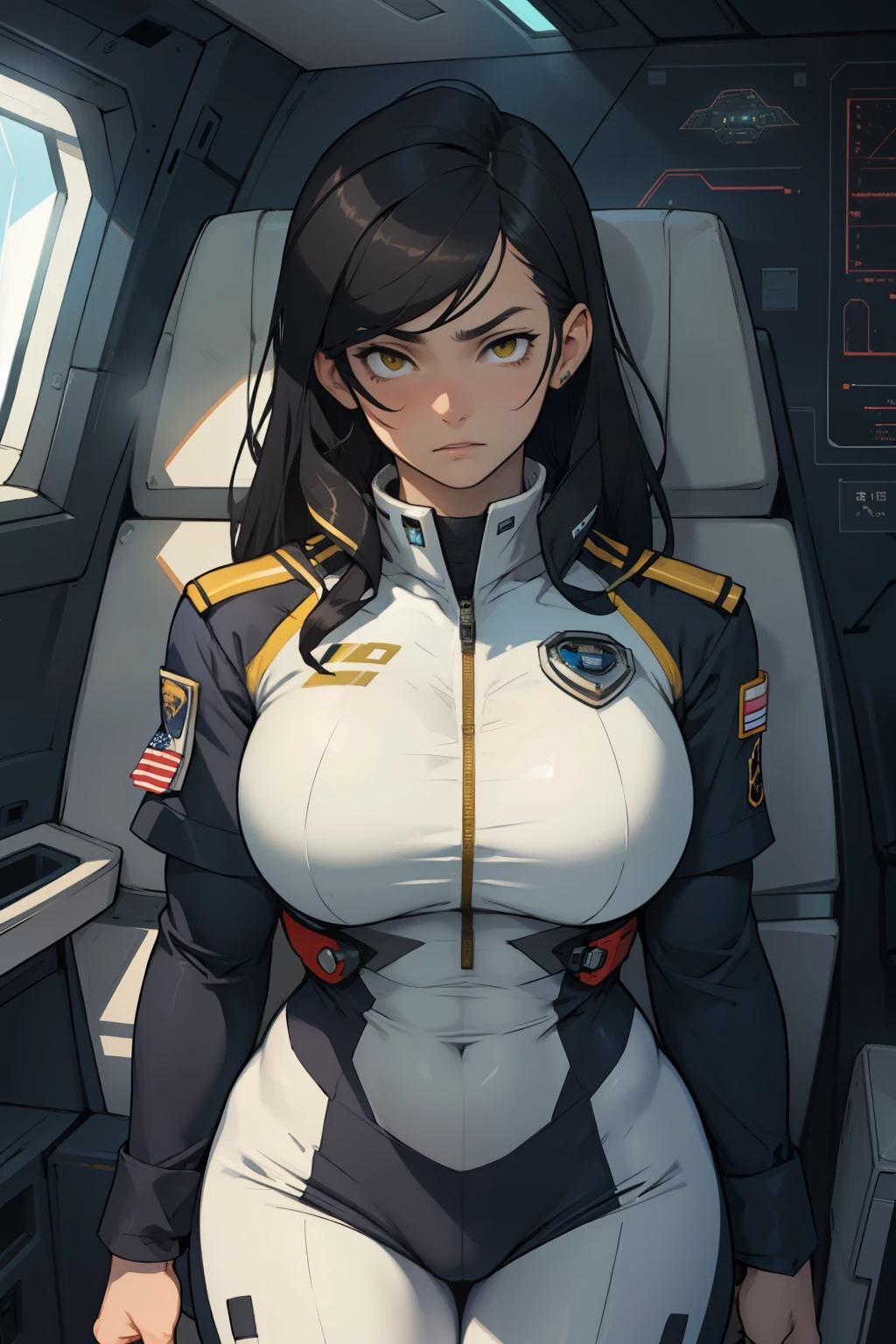massive hair huge tits giant muscles expressionless sad girl black hair long hair yellow eyes pale skin extremely thick ((alien suit inside spaceship cockpit))