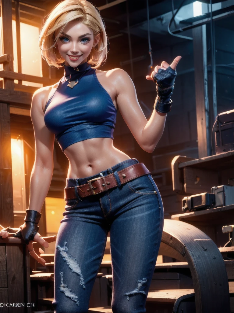 30-year-old woman, alone, athletic, jacket, semi-short blonde hair, wears a tight red crop top, wears blue jeans with a large star painted inside a circle on her left leg, has a huge brown belt hanging from his waist, wears blue fingerless gloves, wears brown boots, smiling at viewer, pointing at viewer, high resolution, absurd, intricate, sharp focus, sunset on the beach, 40 megapixels, 500 dpi, best quality, masterpiece, high resolution, perfect image, highly detailed, high contrast, digital colors, simple, medium shot, cinematic, ultra sharp focus, award winning photography, perfect contrast, high sharpness, depth of field, ultra detailed photography , global illumination, fluid, ultra high definition, 8k, Unreal Engine 5, ultra sharp focus, award-winning photography, art season trends,
