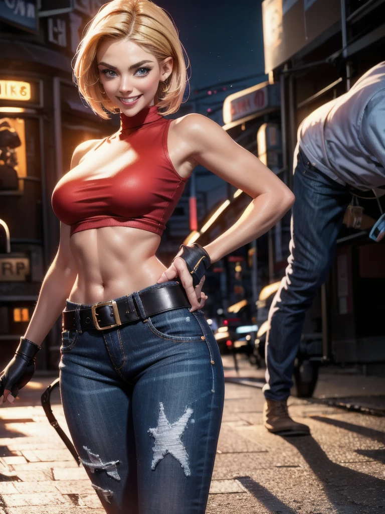 30-year-old woman, alone, athletic, jacket, semi-short blonde hair, wears a tight red crop top, wears blue jeans with a large star painted inside a circle on her left leg, has a huge brown belt hanging from his waist, wears blue fingerless gloves, wears brown boots, smiling at viewer, pointing at viewer, high resolution, absurd, intricate, sharp focus, sunset on the beach, 40 megapixels, 500 dpi, best quality, masterpiece, high resolution, perfect image, highly detailed, high contrast, digital colors, simple, medium shot, cinematic, ultra sharp focus, award winning photography, perfect contrast, high sharpness, depth of field, ultra detailed photography , global illumination, fluid, ultra high definition, 8k, Unreal Engine 5, ultra sharp focus, award-winning photography, art season trends,
