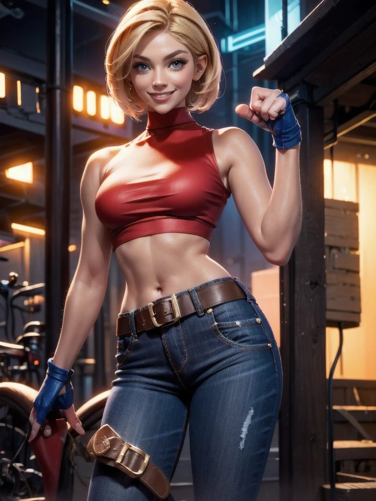 30-year-old woman, alone, athletic, jacket, semi-short blonde hair, wears a tight red crop top, wears blue jeans with a large star painted inside a circle on her left leg, has a huge brown belt hanging from his waist, wears blue fingerless gloves, wears brown boots, smiling at viewer, pointing at viewer, high resolution, absurd, intricate, sharp focus, sunset on the beach, 40 megapixels, 500 dpi, best quality, masterpiece, high resolution, perfect image, highly detailed, high contrast, digital colors, simple, medium shot, cinematic, ultra sharp focus, award winning photography, perfect contrast, high sharpness, depth of field, ultra detailed photography , global illumination, fluid, ultra high definition, 8k, Unreal Engine 5, ultra sharp focus, award-winning photography, art season trends,
