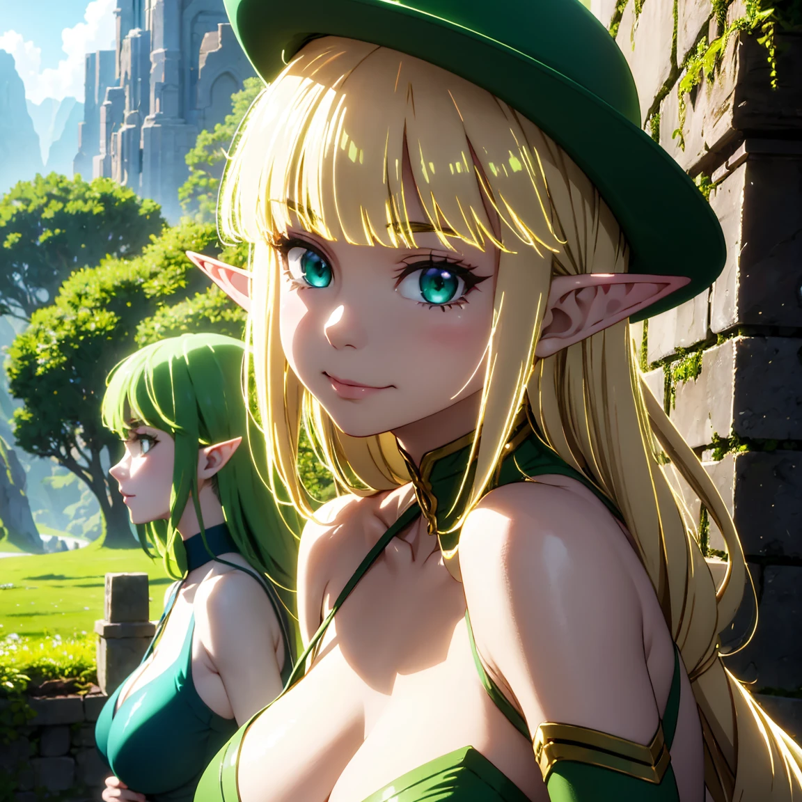 A beautiful muscular female elf, mother, elf, green clothing, cute look, smile, green eyes, awkward gaze, brown hair, tight clothes, elegant clothes, plunging neckline, hands behind back, green hat, detailed portrait, fantasy art, highly detailed, cinematic lighting, intricate details, delicate features, masterful rendering, photorealistic, ethereal beauty, lush environment, natural lighting, vibrant colors