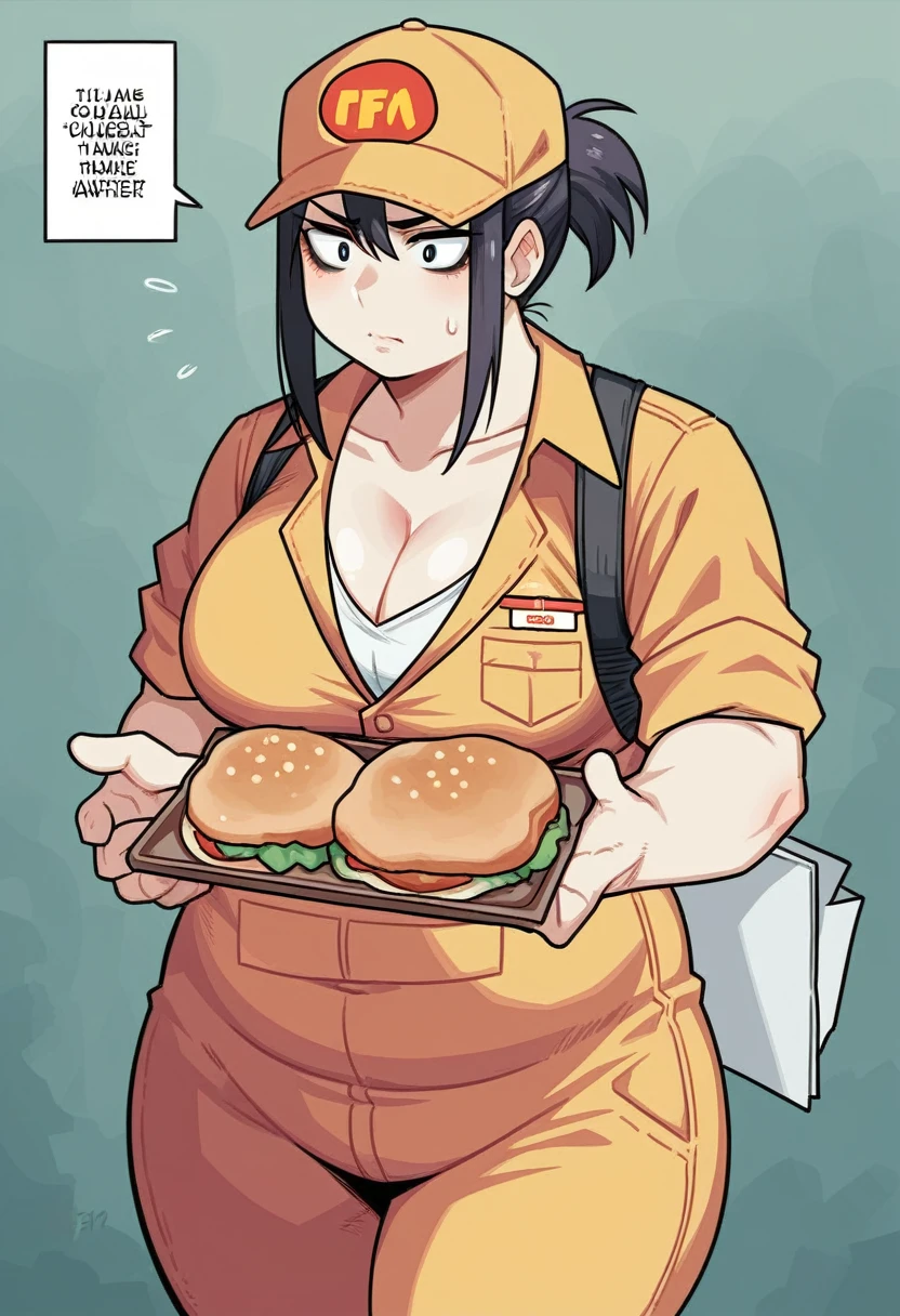 score_9, score_8_up, score_7_up, source_anime, BREAK, (((yew))), , 1girl, solo, chubby, fast food worker uniform, cleavage, thicc