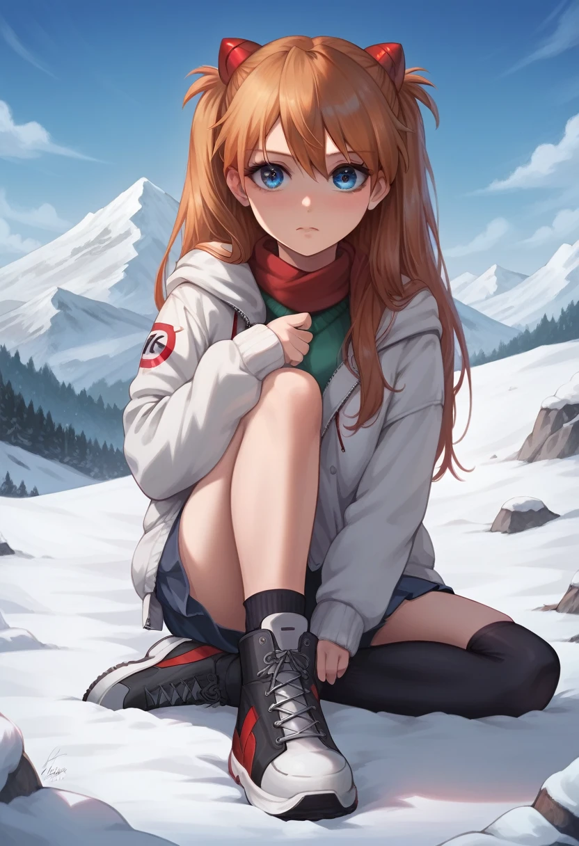 best quality, 4k, high resolution , anime girl , young girl, 24 years old, bangs, long hair, exhausted face, perfect shot, perfect anatomy, detailed face, detailed eyes, snowy background , mountain range, snow man, tall girl , 2 girls, realistic, 4k , masterpiece , ilustration, digital art, full body, sohryu_asuka_langley, sitting, pov ,solo girl