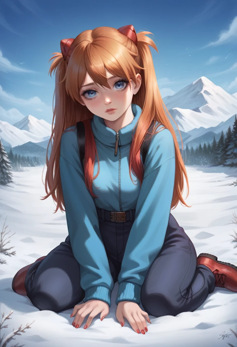 best quality, 4k, high resolution , anime girl , young girl, 24 years old, bangs, long hair, exhausted face, perfect shot, perfect anatomy, detailed face, detailed eyes, snowy background , mountain range, snow man, tall girl , 2 girls, realistic, 4k , masterpiece , ilustration, digital art, full body, sohryu_asuka_langley, sitting, pov ,solo girl