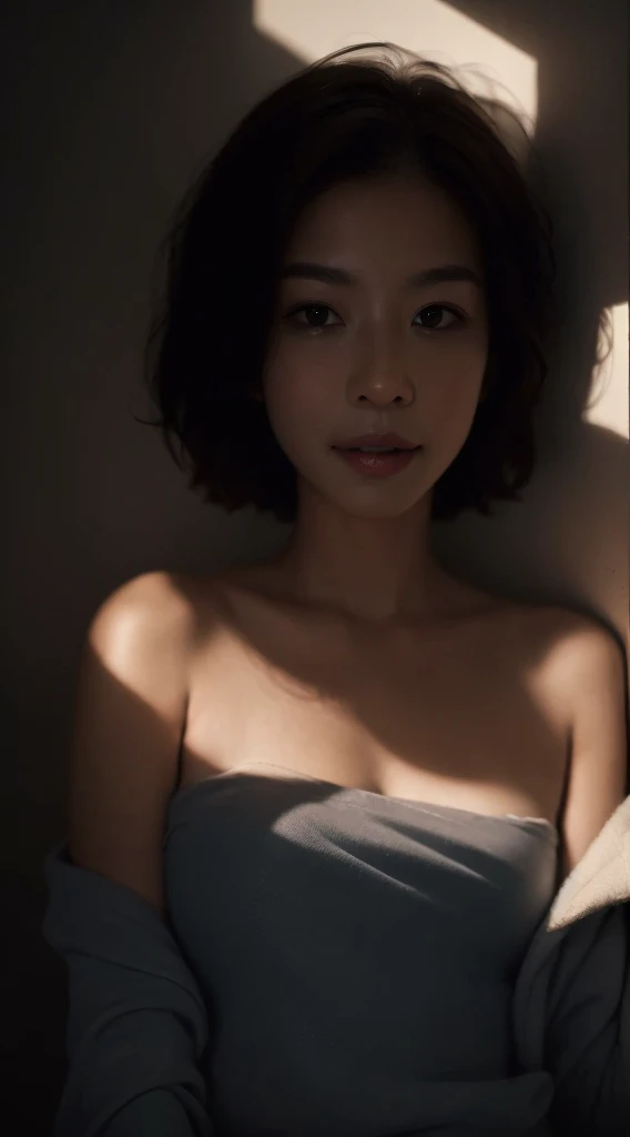 best quality， masterpiece， Ultra-high resolution， （realistically：1.5）， RAW photos， 1 girl， Shoulder， in the dark night， depth shadow， Low Tone， Cold Light， sexy look， Short and delicate hair，Smile