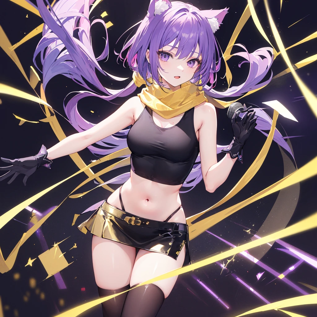 (((*Very high* anime girl 25 years old with a perfect figure, beautiful breasts and hips, she has a purple bob hairstyle with long strands))), (((she is wearing a black tank top, gold mini skirt, gold fur scarf, red *bezel* shaped like cat ears, purple gloves, black tights, she is an idol on stage holding a microphone))), (((ultra-detailed to the smallest detail, in detail, Best quality)))
