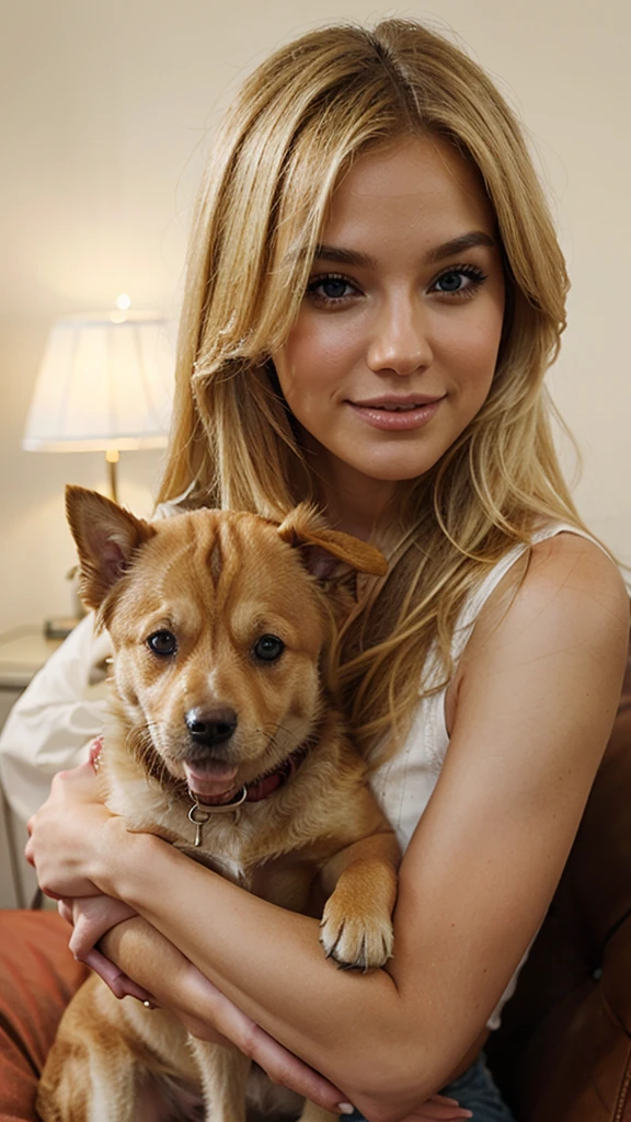 Realistic blond woman who is with a cute dog