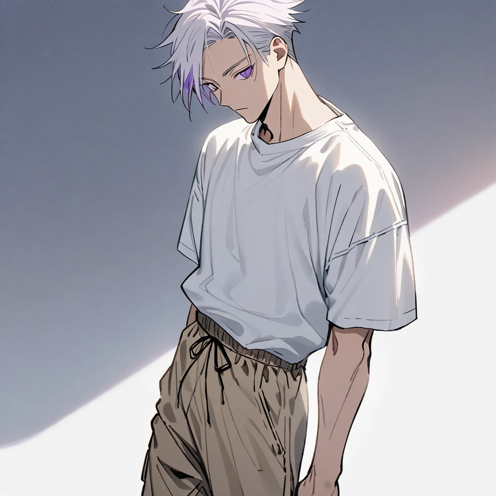A jujutsu kaisen style boy with white hair with purple highlights, purple eyes he is wearing a basic white blouse, with beige cargo pants and white sneakers