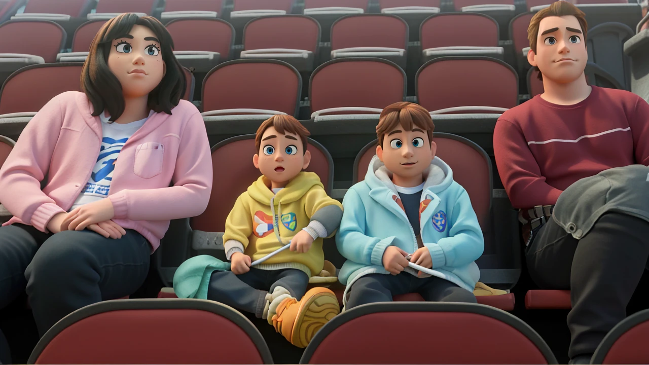 masterpiece, best quality, (extremely detailed CG unity 8k wallpaper), (best quality), (best illustration), (best shadow),A couple with two kids sitting in stadium, high quality photo, group photo, group portrait, commissioned, 8k quality, photo realistic in disney pixar style. high quality, 8k, master piece, 3d disney, disney pixar