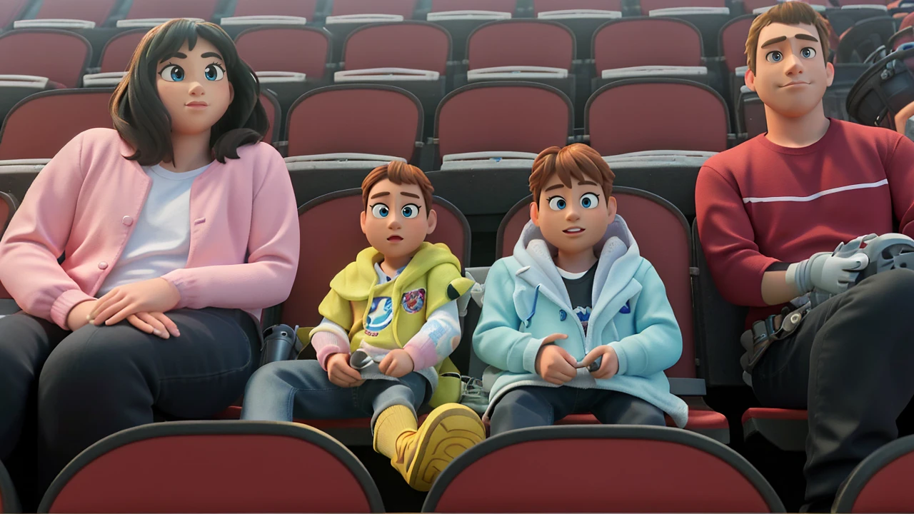 masterpiece, best quality, (extremely detailed CG unity 8k wallpaper), (best quality), (best illustration), (best shadow),A couple with two  sitting in stadium, high quality photo, group photo, group portrait, commissioned, 8k quality, photo realistic in disney pixar style. high quality, 8k, master piece, 3d disney, disney pixar