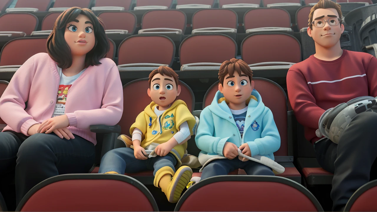 masterpiece, best quality, (extremely detailed CG unity 8k wallpaper), (best quality), (best illustration), (best shadow),A couple with two  sitting in stadium, high quality photo, group photo, group portrait, commissioned, 8k quality, photo realistic in disney pixar style. high quality, 8k, master piece, 3d disney, disney pixar