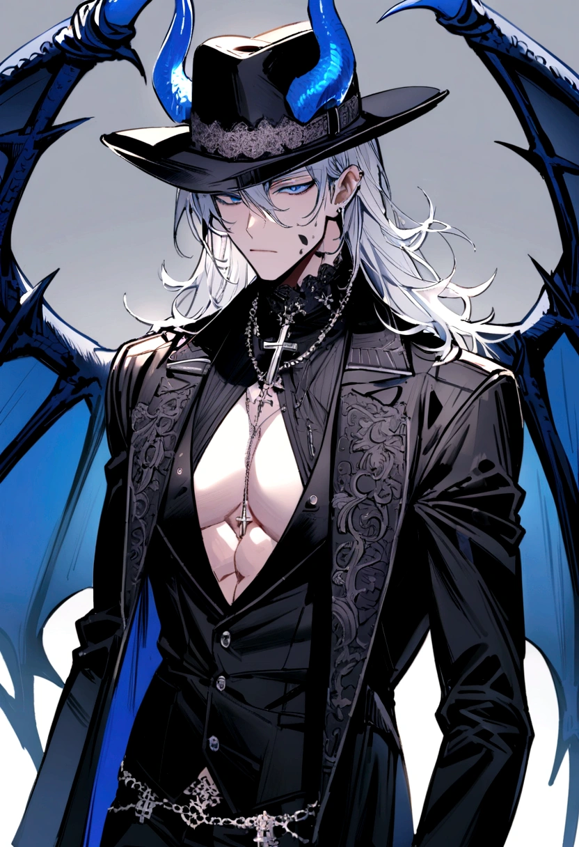 homen,Strong muscles, White hair, best quality,open chest vest, blue and black clothes, Dragon Wings, black cloth on face, silver cross chain on neck, long brimmed black fedora hat with black and blue dragon horns on hat with blue horns on hat, in paris
