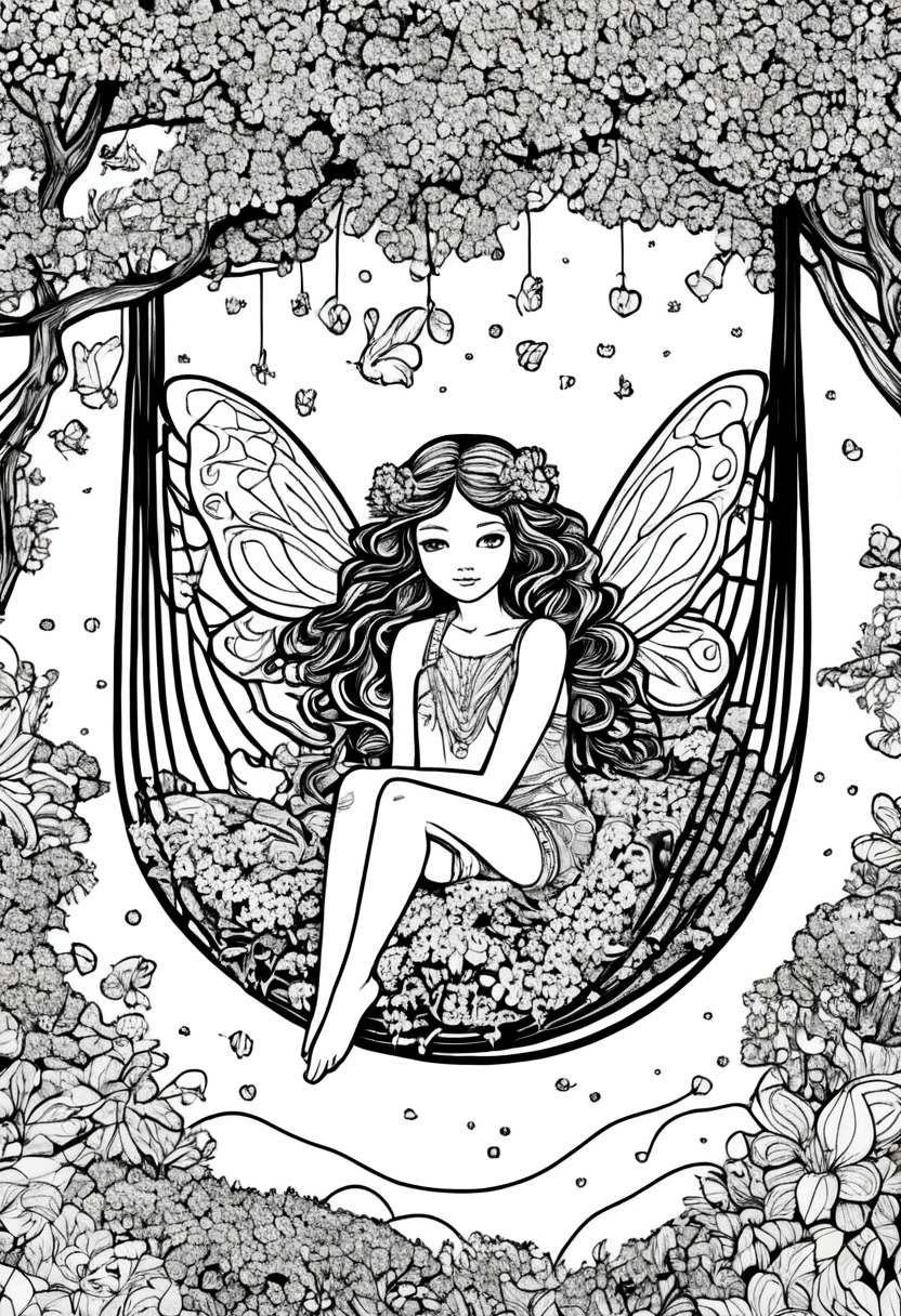 (A black and white coloring book:1.5), A fairy resting in a flower hammock strung between two trees, clean line art, white background, colouring page, clean outline