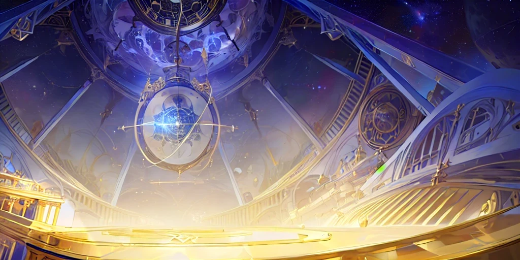 There is a clock on the ceiling of a building., Infinite Space Clock Background, Infinite Celestial Library, Alchemist's Library Background, background technologywork, Animation New Art Universe Display, Intricate sparkling atmosphere, background technology, Concept Art magical highlight, Kingdom of Light Background, Arena Background, anime background technology, astral background, Gorgeous border + Concept Art, Star Clocks