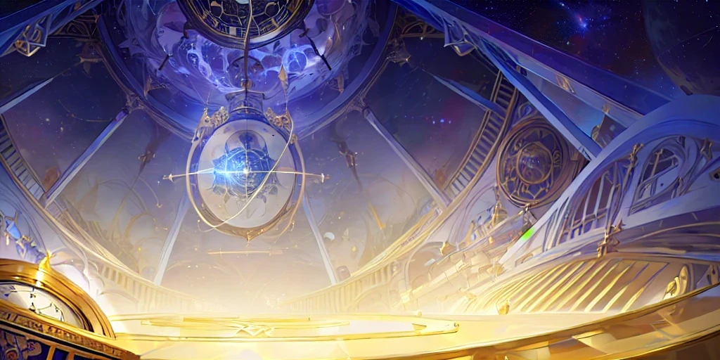 There is a clock on the ceiling of a building., Infinite Space Clock Background, Infinite Celestial Library, Alchemist&#39;s Library Background, background technologywork, Animation New Art Universe Display, Intricate sparkling atmosphere, background technology, Concept Art magical highlight, Kingdom of Light Background, Arena Background, anime background technology, astral background, Gorgeous border + Concept Art, Star Clocks