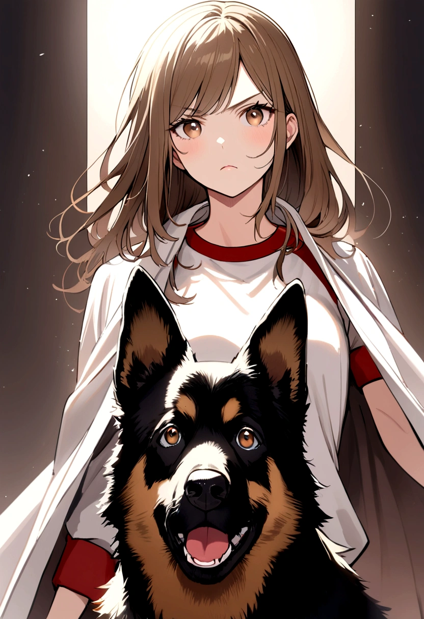 a brunette woman with straight light brown hair down to her shoulders and a thin and small mouth with regularly large light brown eyes wearing a gym outfit next to a large German shepherd style dog with all white fur.
