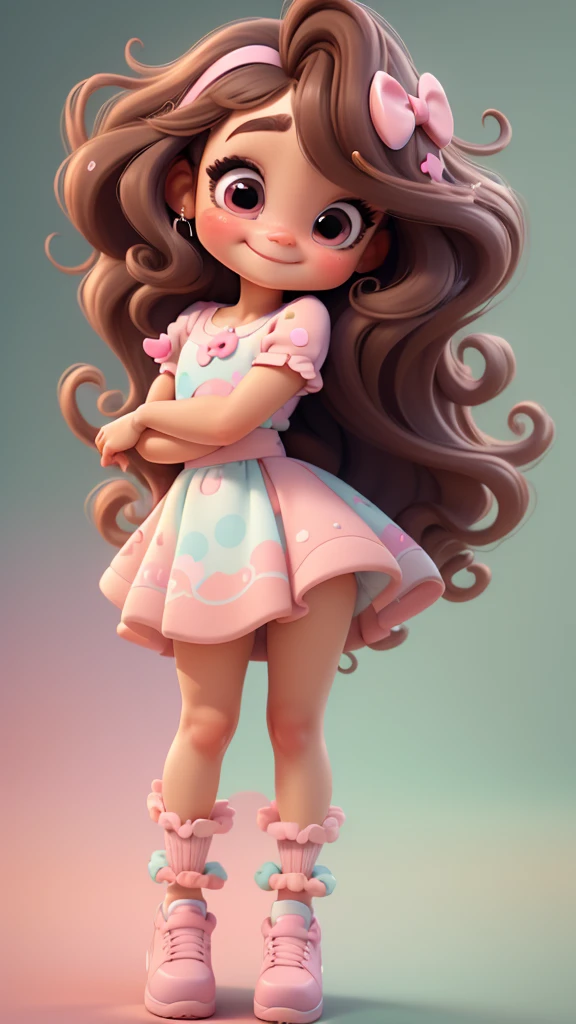 3d illustration, pixar style, cute chibi, baby girl ariana grande brown hair, long hair, pink bow in hair, dress aqua ciano with white dots, bright eyes look like inside out character of movie, candy colors, pastel colors, smiling, glitter, light pink shoes, exuberant
