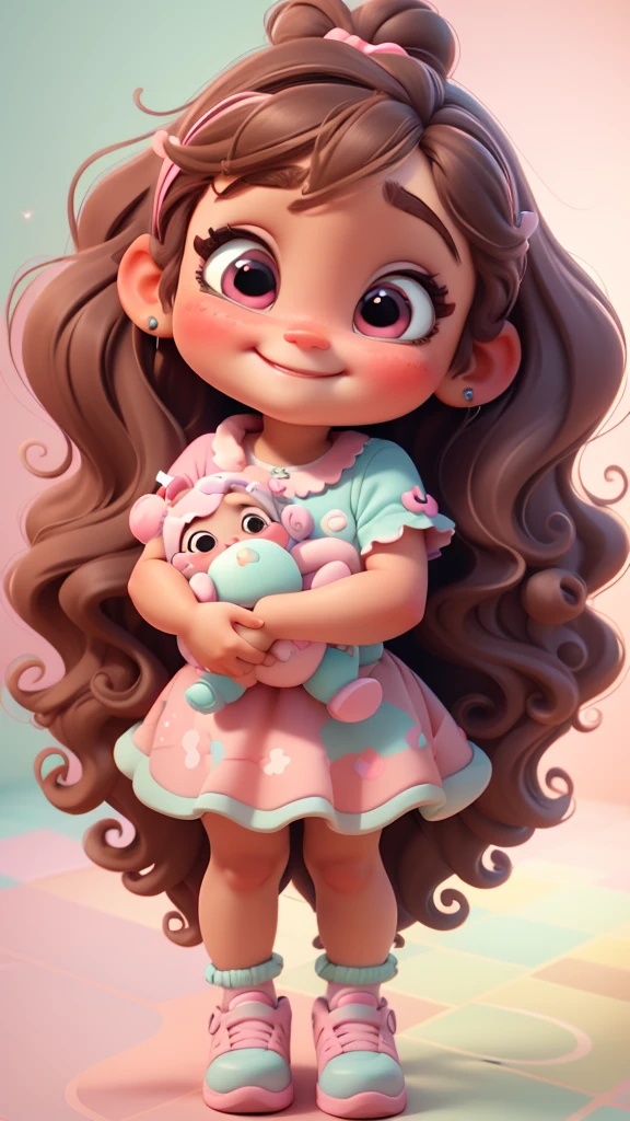 3d illustration, pixar style, cute chibi, baby girl ariana grande brown hair, long hair, pink bow in hair, dress aqua ciano with white dots, bright eyes look like inside out character of movie, candy colors, pastel colors, smiling, glitter, light pink shoes, exuberant