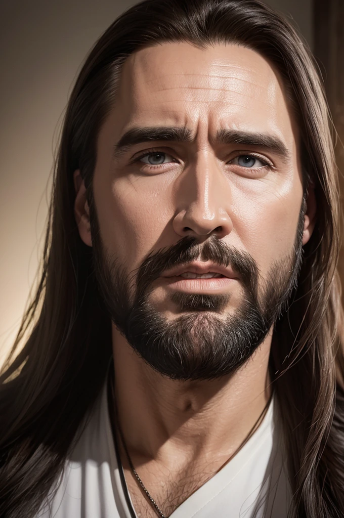 Jesus with the face of Jim Caviziel,Nicolas Cage's eyes,face detailed,Sacred appearance,holy expression,golden halo,godly light,serene atmosphere,heavenly background,Religious Art,painting medium,ultra-detailed brushstrokes,work of art :1.2,hdr,ultra HD,studio lighting,realisitic,colorful palette,sparkling colors,Soft, warm tones,soft natural lighting,subtle shadows,dramatic contrast,emotion captured,facial features in focus,piercing look,Strong jaw,Beautiful appearance ,wavy brown hair,perfectly groomed beard,fluttering white mantle,Long flowing hair,graceful pose,open arms,divine presence,Peaceful aura,Spiritual energy
