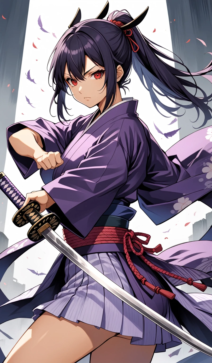 1 woman, Beautiful samurai woman in purple yukata and katana in her hands and black hair, red eyes. She’s in battle position, anime girl with sword and wings in a purple outfit, from arknights, badass anime 8 k, she is holding a katana sword, female anime character, katana, female action anime girl, katana zero, katana zero video game character, female samurai, anime style 4 k, unsheathing her katana, inspired by Okumura Masanobu