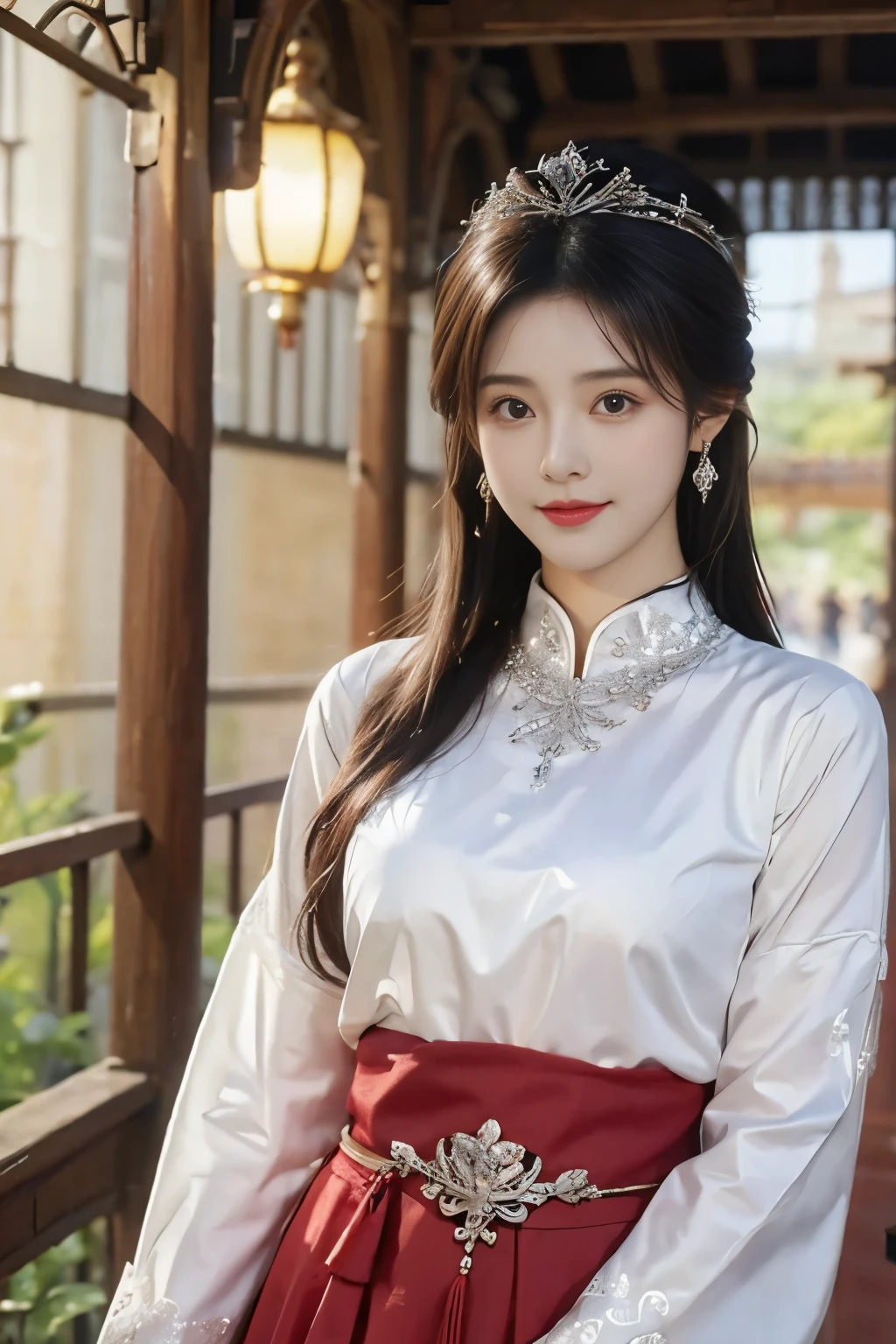 (masterpiece,high quality,8K).(beautiful,Cold Eyes,最beautiful中国女孩,Queen,Skin details,Bright Eyes,Thick eyelashes,Unique,Staring at the audience),(seedling:1.5,Silver jewelry:1.2,Silver crown:1.5,silver tassel:1.37,Silver Collar,Silver texture,brilho prata),Upper Body,Long sleeve,(Dark ethnic clothing,Long skirt:1.2,waist,Black and red linen details,seedling服饰特点,totem),Morning light