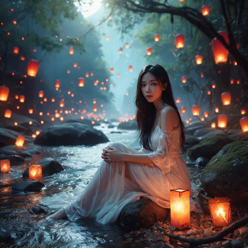 Portrait of an asian woman wearing a white dress sitting on a river with rocks and trees, lanterns floating in the air, embers floating, ross tran. scenic background, magical concept art, atmospheric red sprites, shining lights! digital painting, inspired by Andreas Rocha, background artwork, beautiful concept art, mystical jungle lagoon, epic concept art. bokeh, cgsociety, background art, floating lights, better detail and lighting, photorealistic, ultra high definition, 16k