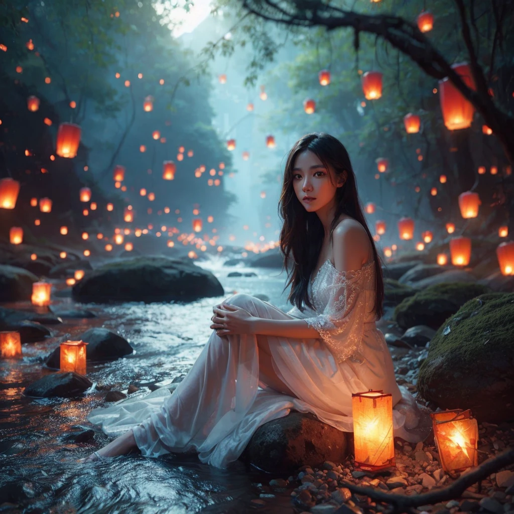 Portrait of an asian woman wearing a white dress sitting on a river with rocks and trees, lanterns floating in the air, embers floating, ross tran. scenic background, magical concept art, atmospheric red sprites, shining lights! digital painting, inspired by Andreas Rocha, background artwork, beautiful concept art, mystical jungle lagoon, epic concept art. bokeh, cgsociety, background art, floating lights, better detail and lighting, photorealistic, ultra high definition, 16k