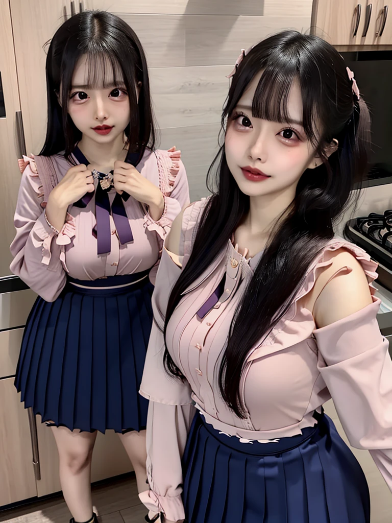 Beautifull, mother-in-law, japanese, tight shirt, seductive expression, in the kitchen, voluptuous, high waist pleated short skirt, detail lips, blush, japanese idol, 16k, realistic