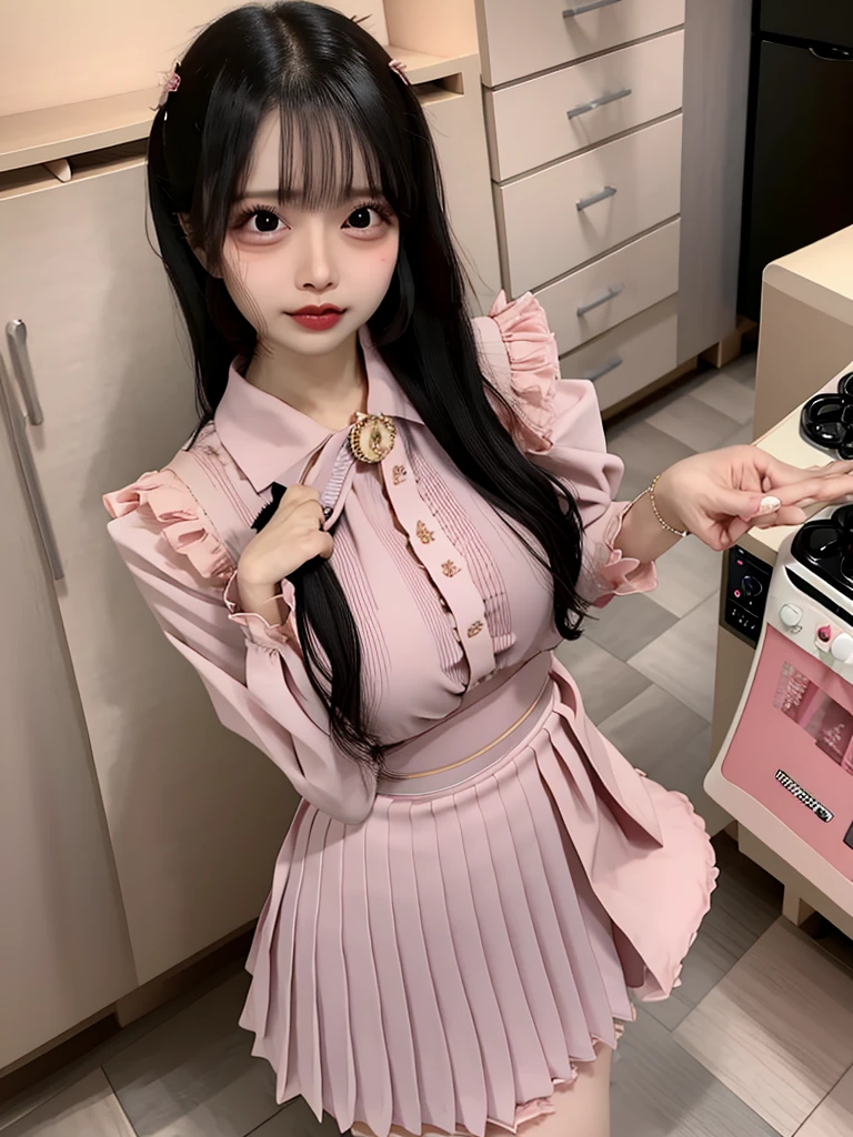 Beautifull, mother-in-law, japanese, tight shirt, seductive expression, in the kitchen, voluptuous, high waist pleated short skirt, detail lips, blush, japanese idol, 16k, realistic