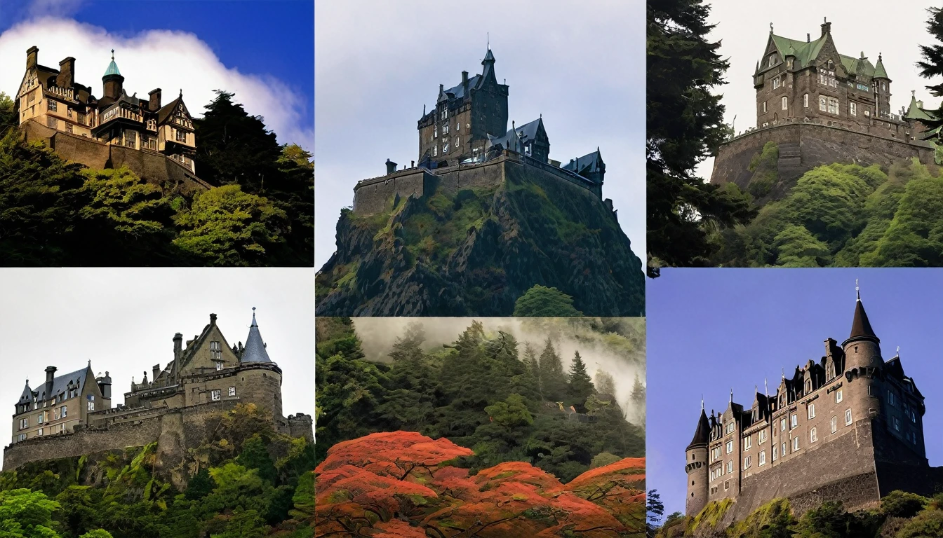 A collage featuring smaller images of all four locations—Edinburgh Castle, Winchester Mystery House, Aokigahara Forest, and Bran Castle. Add ghostly overlays or shadowy figures to each image to enhance the haunted theme.